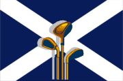 picture of a scottish saltire flag with a set of golf clubs in front